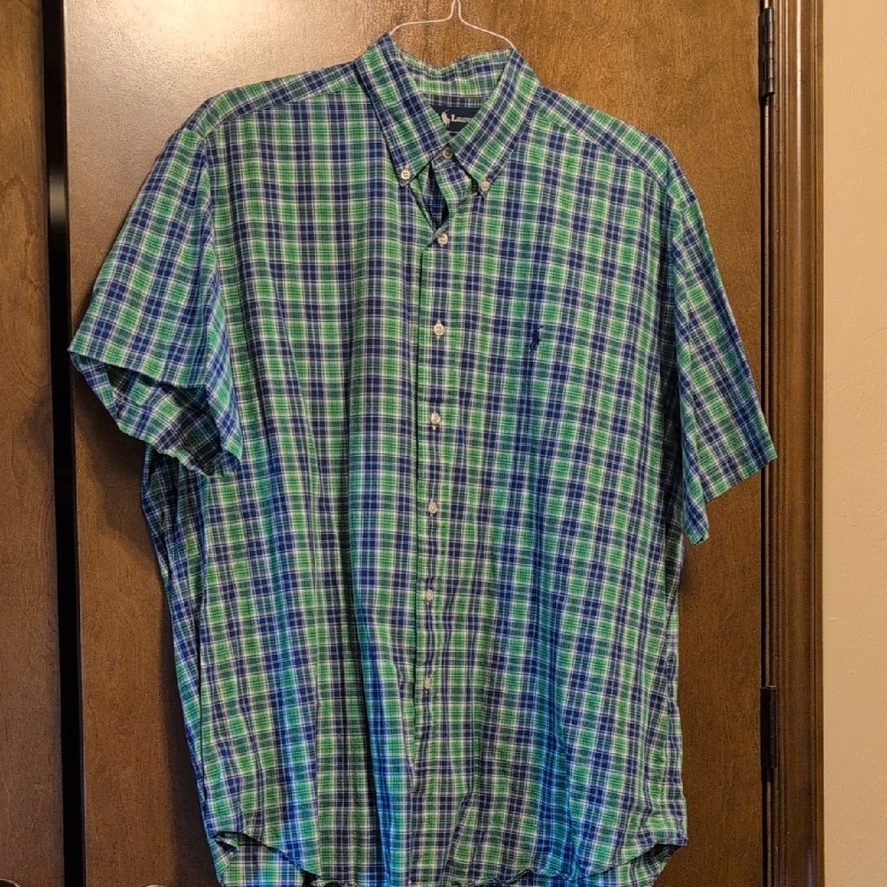 Men's Blue and Green Plaid Polo